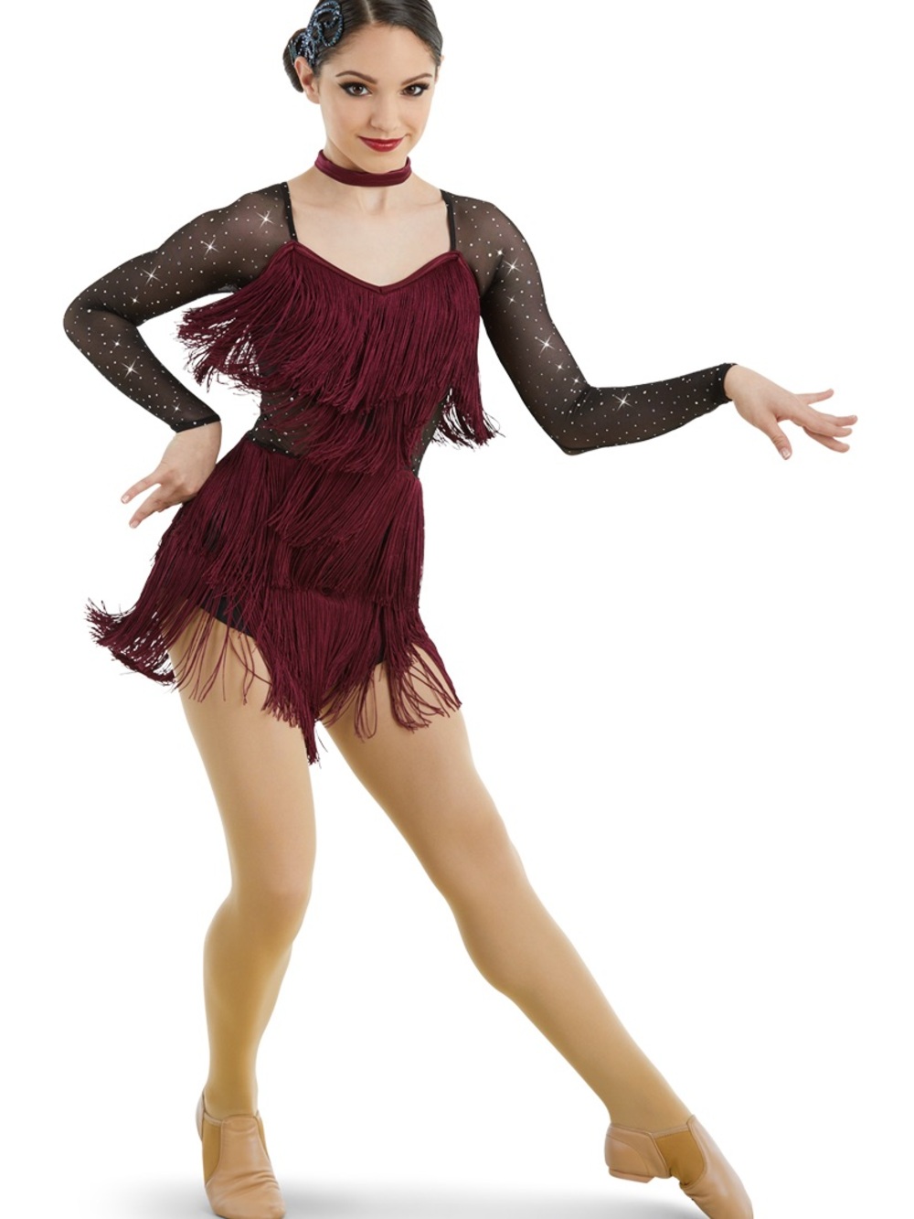 Weissman Maroon Fringe Dance Dress with Sheer Sparkle Sleeves